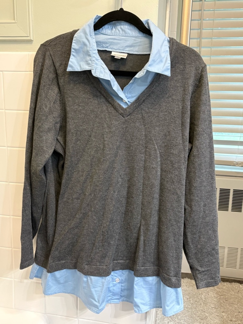 Avenue Gray Sweater with Light Blue Shirt-Style Trim
